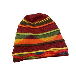 100% Alpaca Peru Hat Cozy Warm Red Orange Green Fuzzy Winter Soft Fall Striped